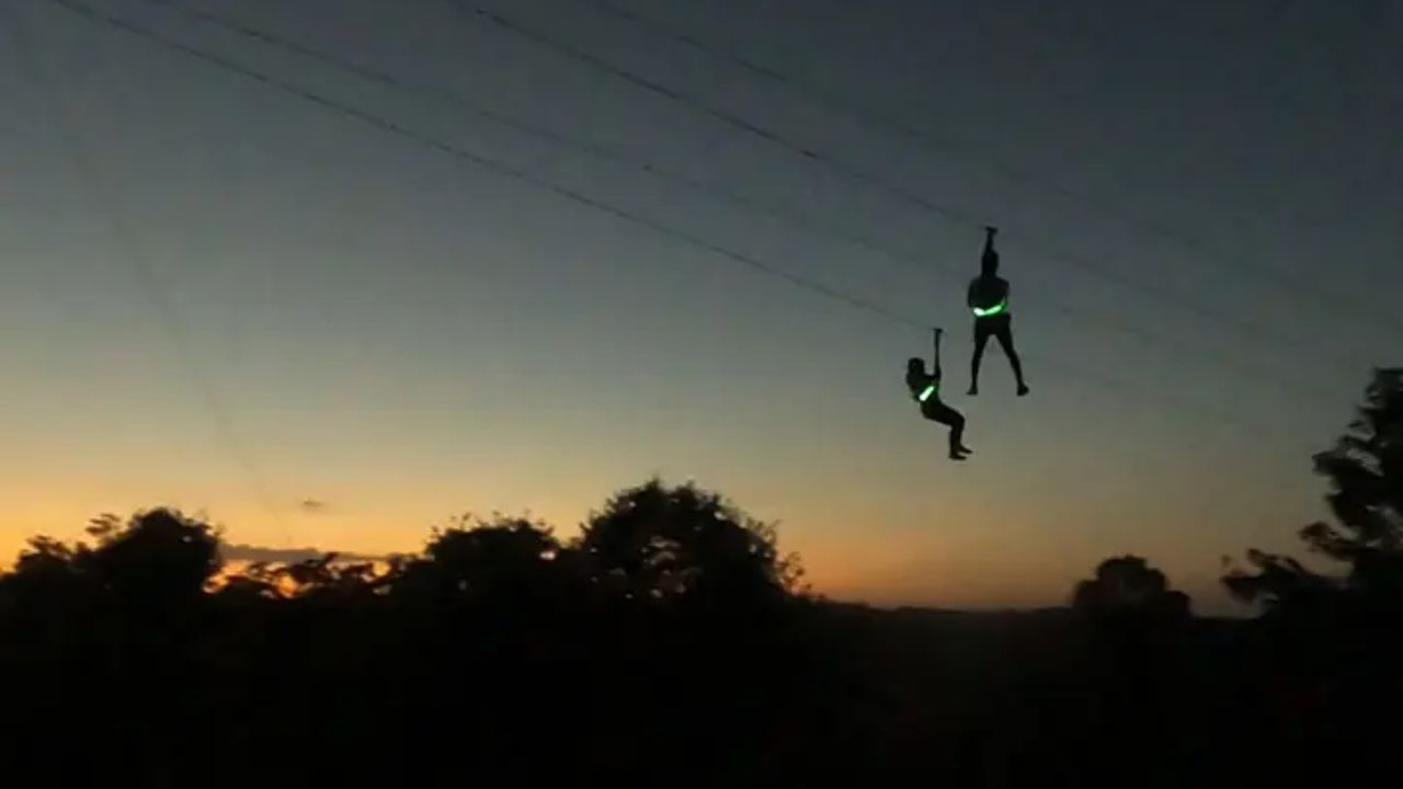 People ziplining at night through a dark forest with course lights glowing around them.
